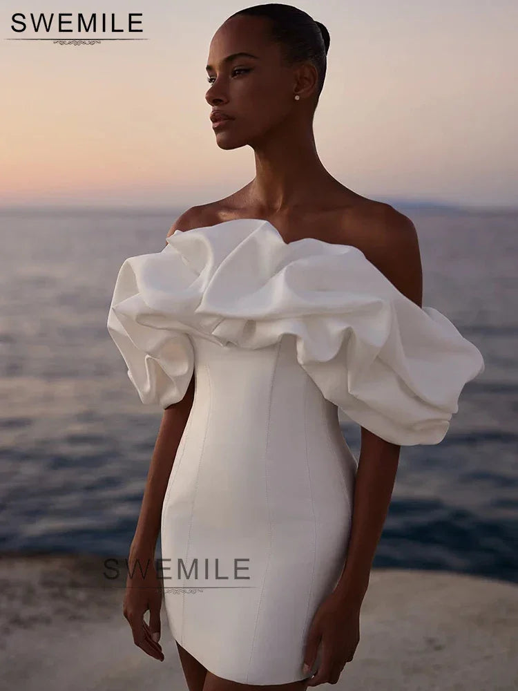 SWEMILE Mini Sheath Wedding Dresses Corset With Ruffled Neckline Off-The-Shoulder Backless Bridal Dress Short Prom Party Gowns