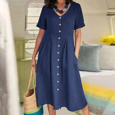 Women's Summer Casual Cotton Linen Midi Dress White  Loose Elegant Green Dresses Vestidos Платье С Декольте Jupe Longue Femme
