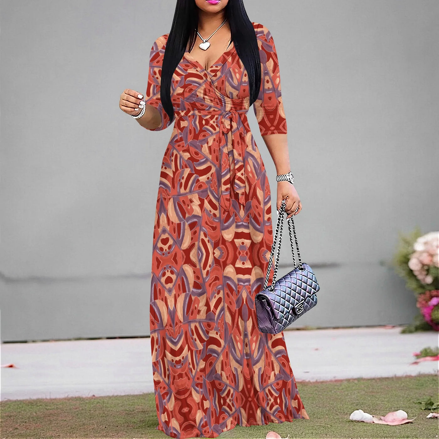 Boho Tropical Flowers Graphics Dresses for Women V Neck Maxi Dress Flowy 3/4 Sleeve with Belt