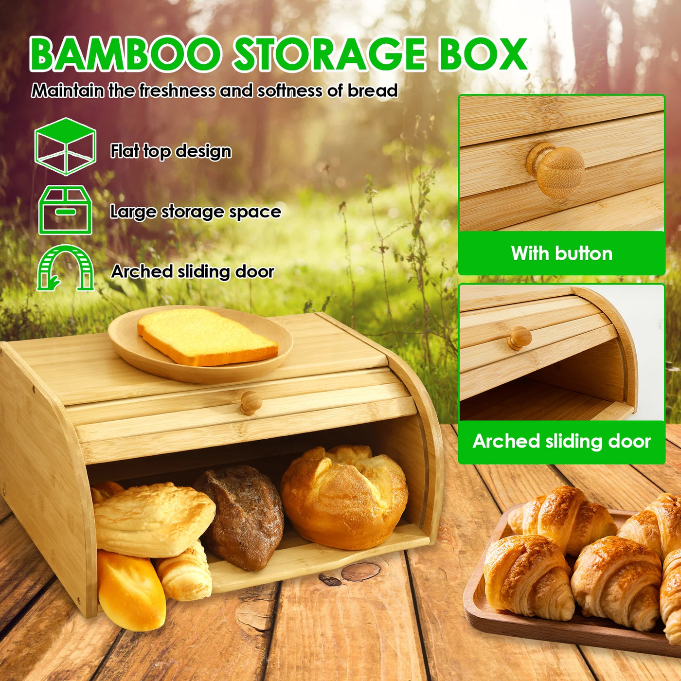 Bamboo Bread Storage Box Large Capacity Keep fresh Storage Bin Bread Cookies Food Storage Containers with Roll Lid Sliding door