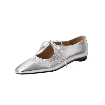 Women Ballet Leather Narrow Band Flat Shoes  Bling Silver,  Gold Footwear