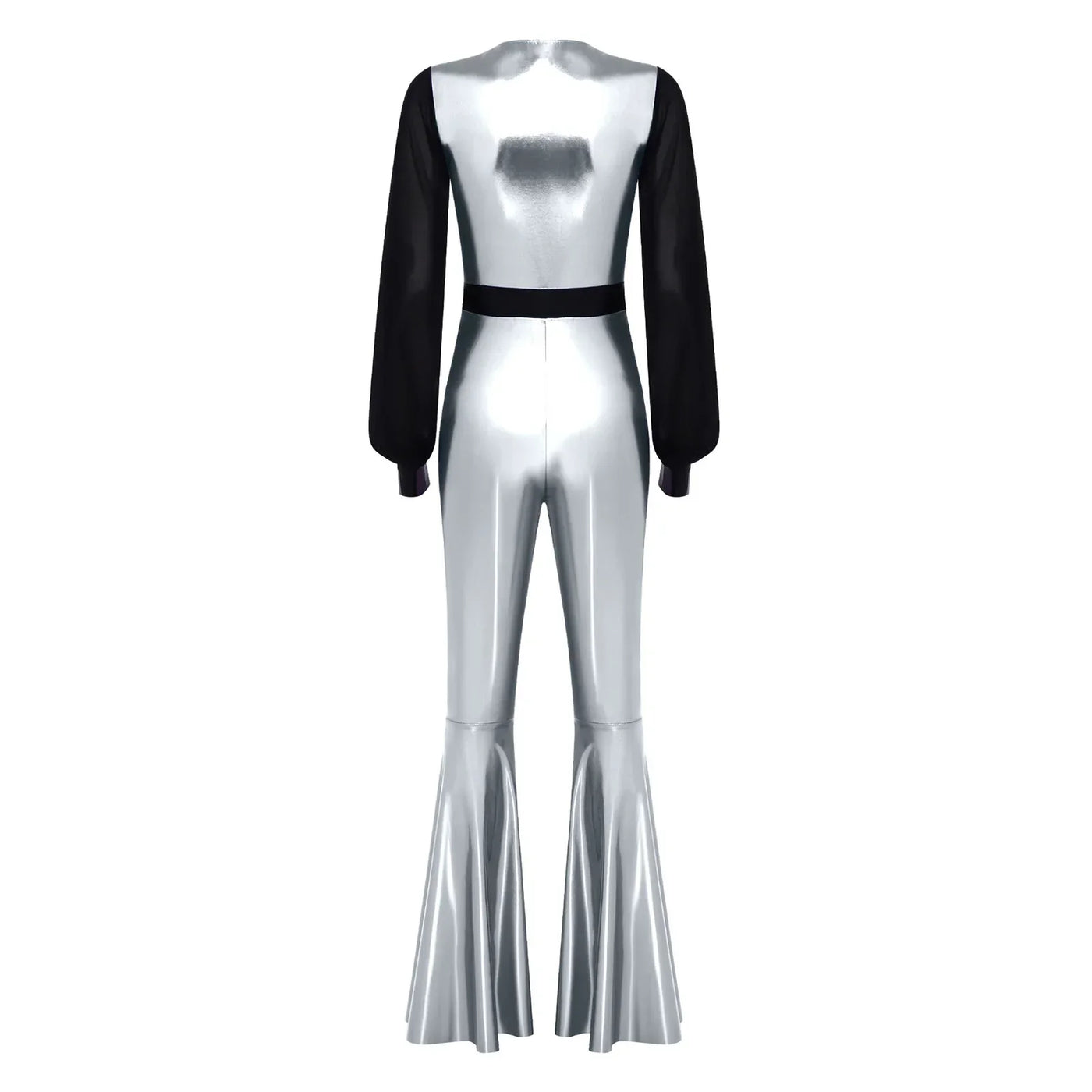Womens Vintage 70s 80s Disco Dance Jumpsuit Mesh Long Sleeve Bell Bottom Pants Metallic Shiny Rompers Bodysuit Halloween Costume