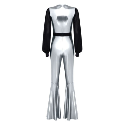 Womens Vintage 70s 80s Disco Dance Jumpsuit Mesh Long Sleeve Bell Bottom Pants Metallic Shiny Rompers Bodysuit Halloween Costume