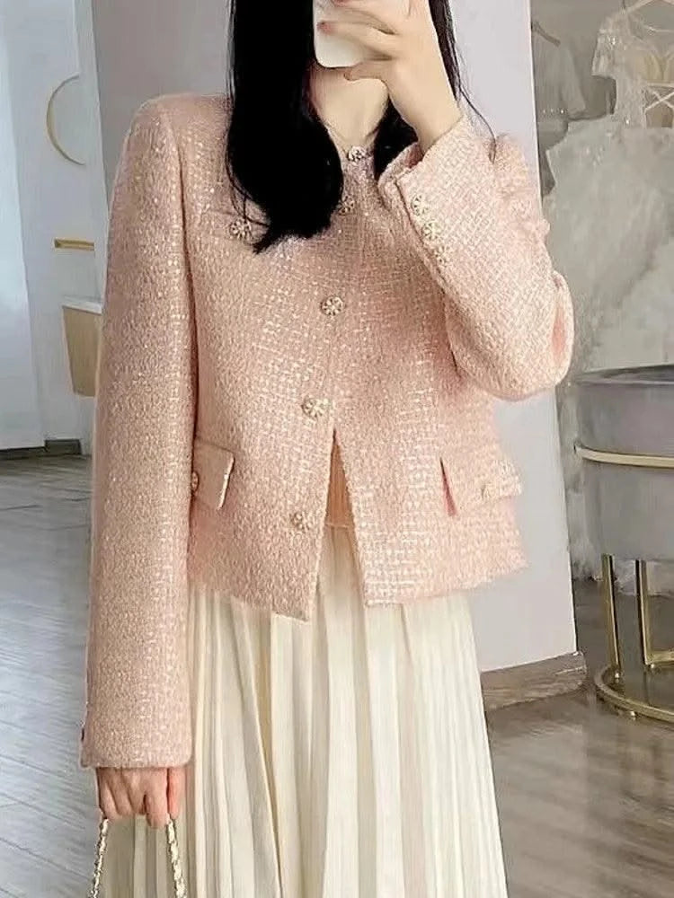 High Quality Luxury Small Fragrance Tweed Jacket Women High-end Sequins Slim Woolen Coat Korean Fashion Outwear Jaqueta Feminina