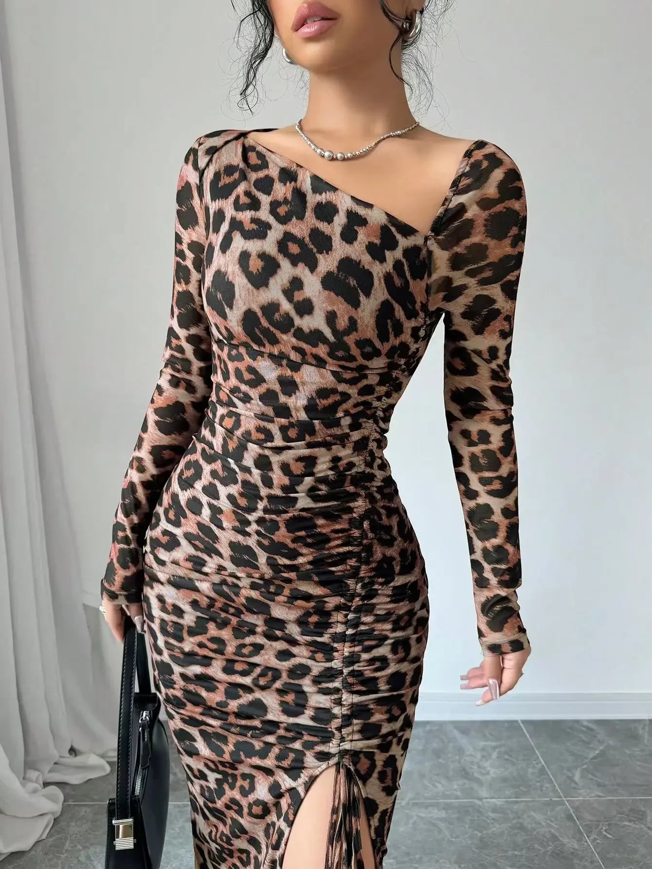 Sexy Leopard Print Women's Dresses Fashion Ruffled Sexy Slit Party Dress For Women Spring Summer  Bodycon Package hip Vestidos
