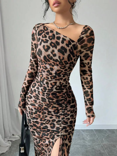 Sexy Leopard Print Women's Dresses Fashion Ruffled Sexy Slit Party Dress For Women Spring Summer  Bodycon Package hip Vestidos