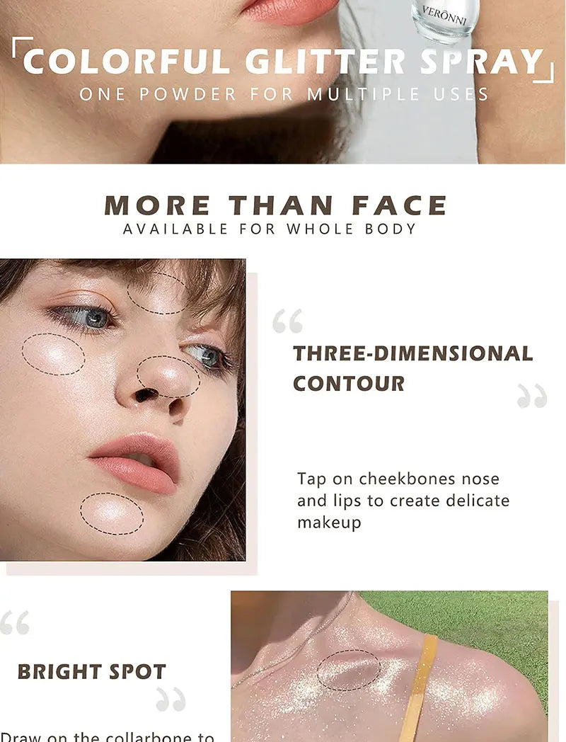 High Gloss Body Diamond Shimmering Spray Powder Highlight Powder Makeup Suitable for Facial and Body Skin Hair Clothes Cosmetics