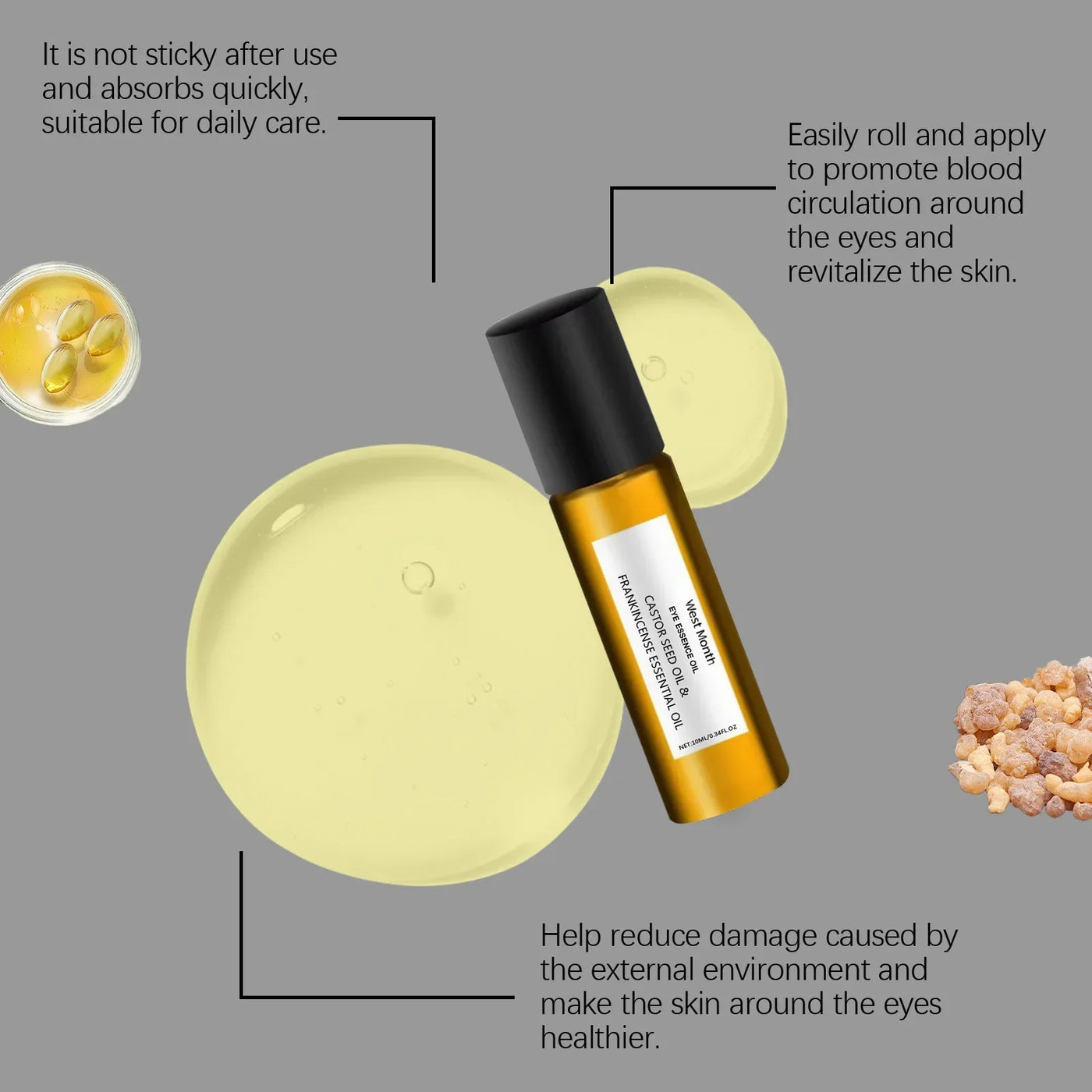 Castor Essential Oil Eye Roller Ball Reduce Fine Lines Removes Dark Circles Moisturizing Tightening Eyes Skin Firming Eye Care