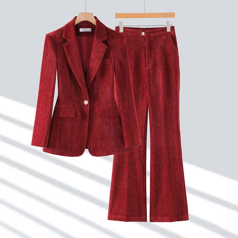 Burgundy Women's Blazer And Pants Suit Velvet Fall Winter Outfits For Women Long Sleeve Jacket 2 PCS Womens Clothing