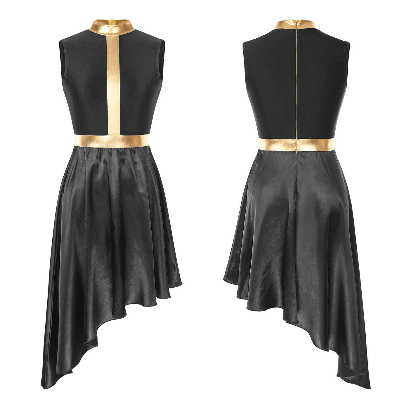 Women Lyrical Dance Dress Color Block Patchwork Invisible Zipper Back Flowy Asymmetrical Hem Sleeveless Dresses Dancewear