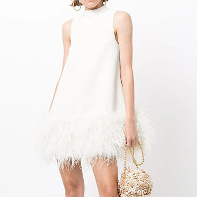 A-line Skirt 2025 Spring New Style Stand-up Collar Sleeveless Solid Color Feather Stitching Dress for Women