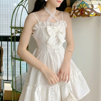 2025 Vestidos De Mujer Cute Summer Dresses for Women Lolita Style Japanese Sweet Robe Femme Bandage Bow Ruffles White Dress