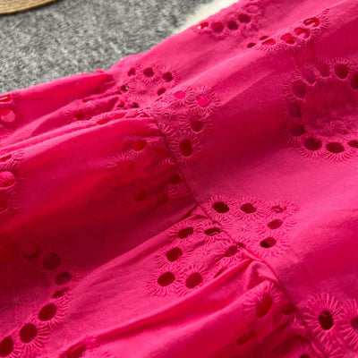 French Vintage Hollow Out Embroidery Butterfly Bow Bandage Slip Dress A-line Chic Casual Beach Vacation Women Summer Dresses
