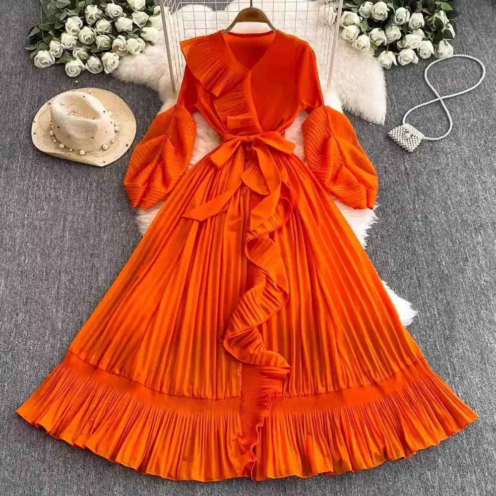 Women's V Neck Ruffles Splice Lantern Sleeve High Stretch Oversized Dresses Miyake Maxi Pleated 2025 Spring Long Party Clothing