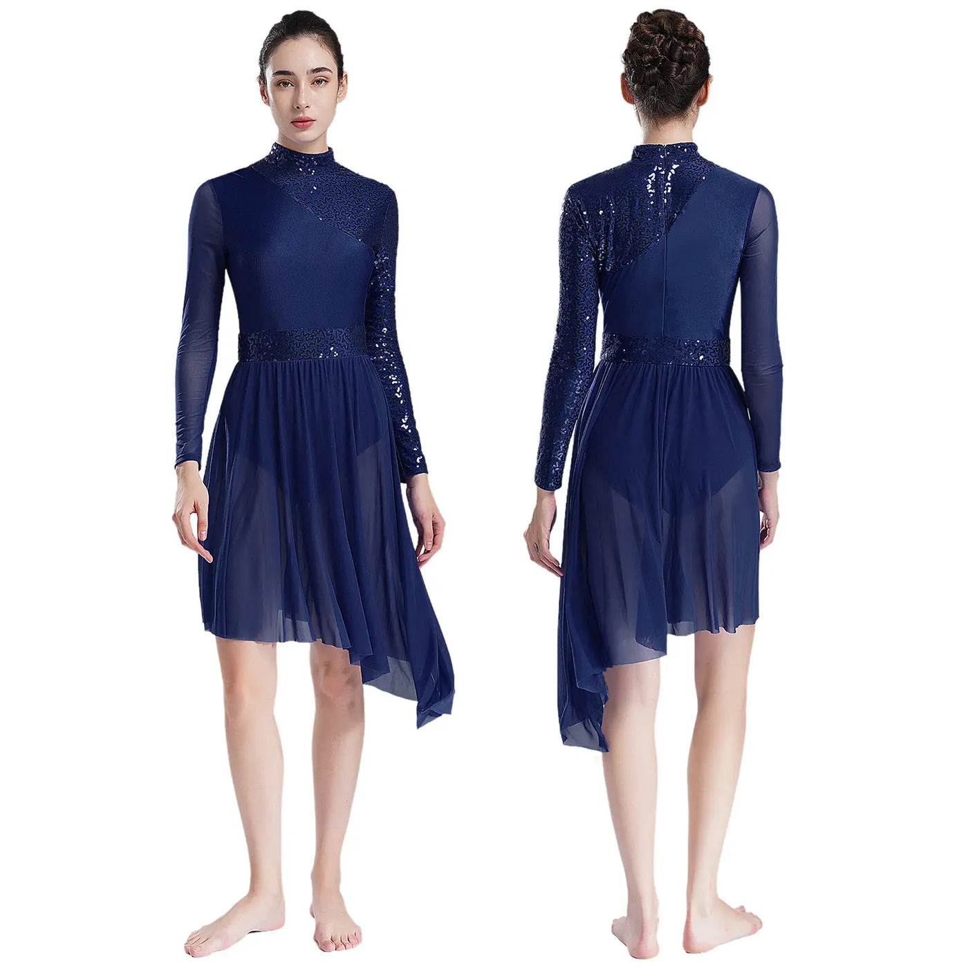 Women Modern Lyrical Dress Camisole Dance Costume Ballet Asymmetric High-Low Mesh Skirted Sleeveless Leotard Gymnastic Dancewear
