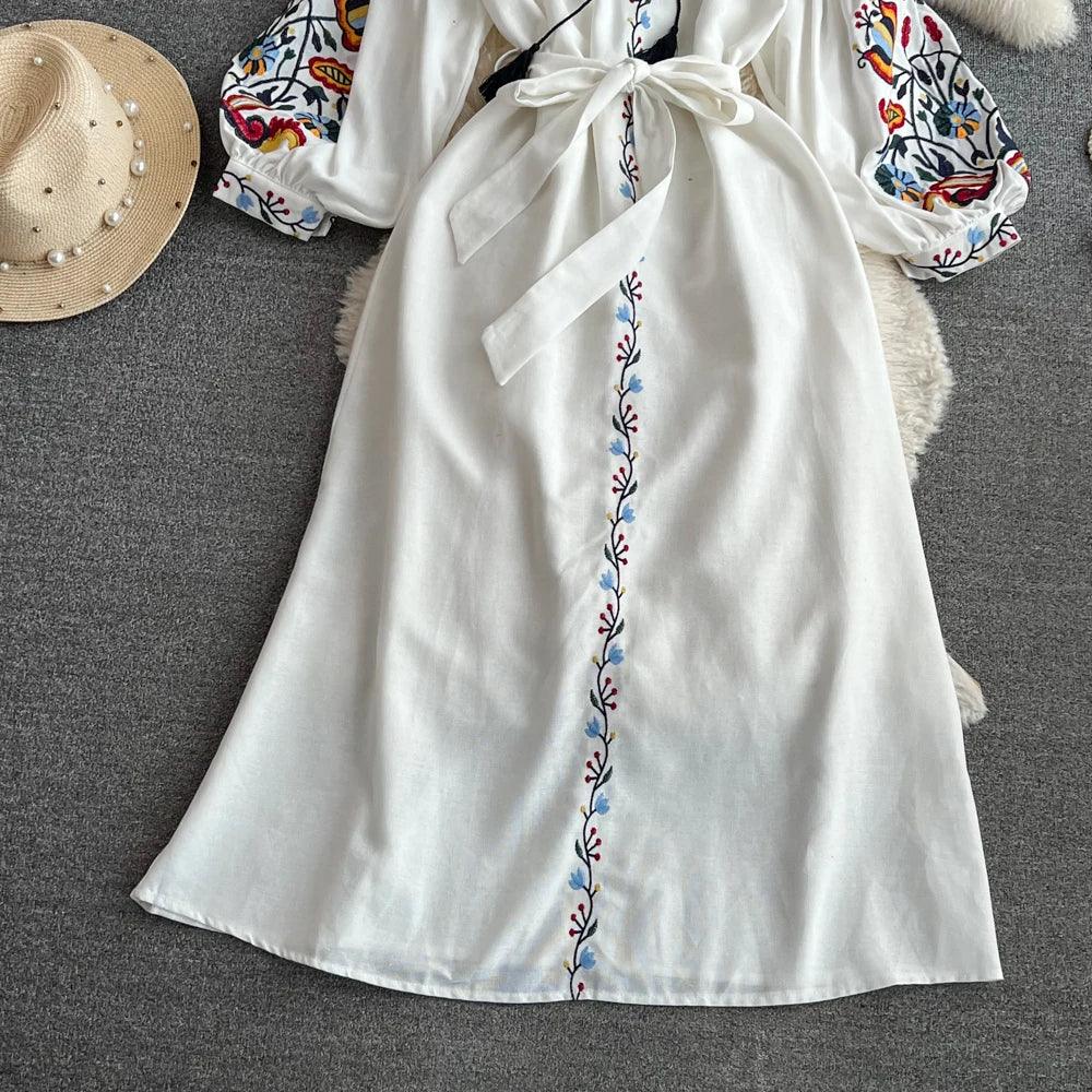 Boho Vintage Spring Autumn Women's Dress Ethnic Style Sundress Long Sleeve Embroidered Cotton Linen Black Beach Dresses платье