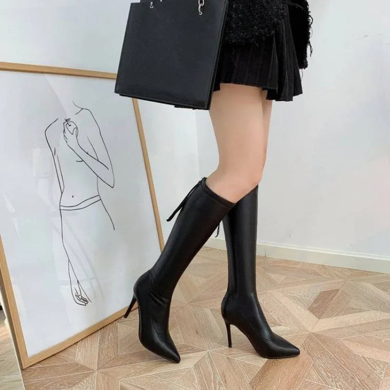 Women's Boots Elegant Heeled Long Footwear Winter Knee High Shaft Heels Shoes for Woman Pointed Toe Tassel Chic Fashion 2024 Hot