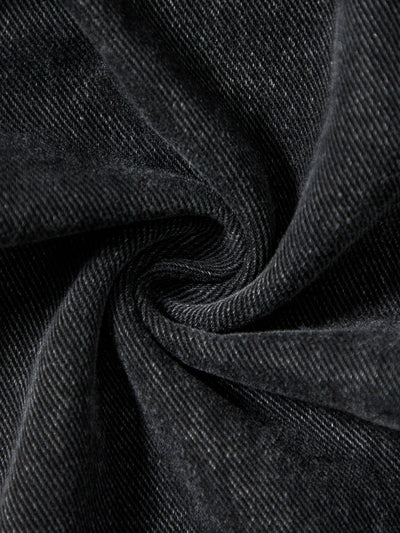 Men's black jeans. With a design of (ripped holes) and tassels. In a street trend style.