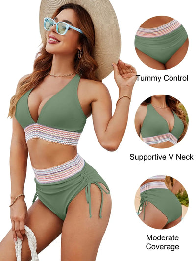 Swim Mod Women Fashion Solid Yellow Ruched Sexy Bikini Set, Summer Beach Wear