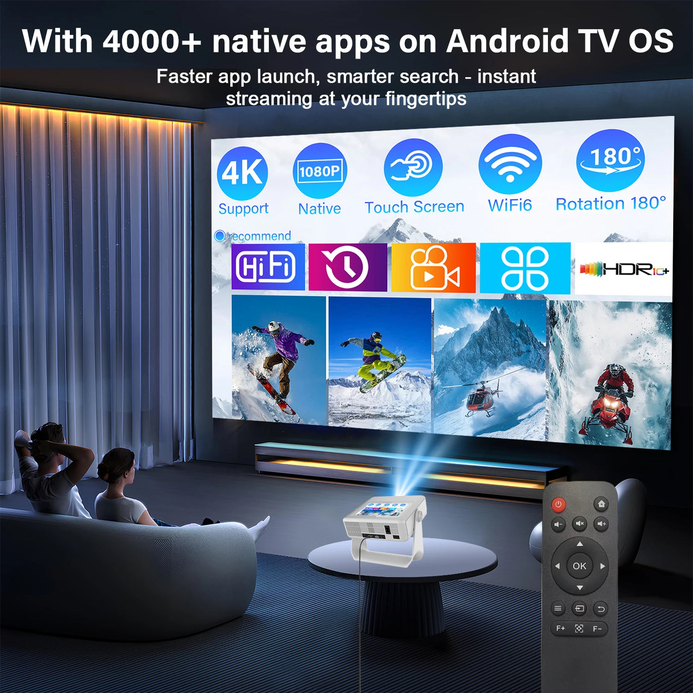Portable Projector 4K Supported 1080P 8'' Touchscreen WiFi Bluetooth 180° Rotation USB HDMI Party UK EU US Plug Stunning Display
