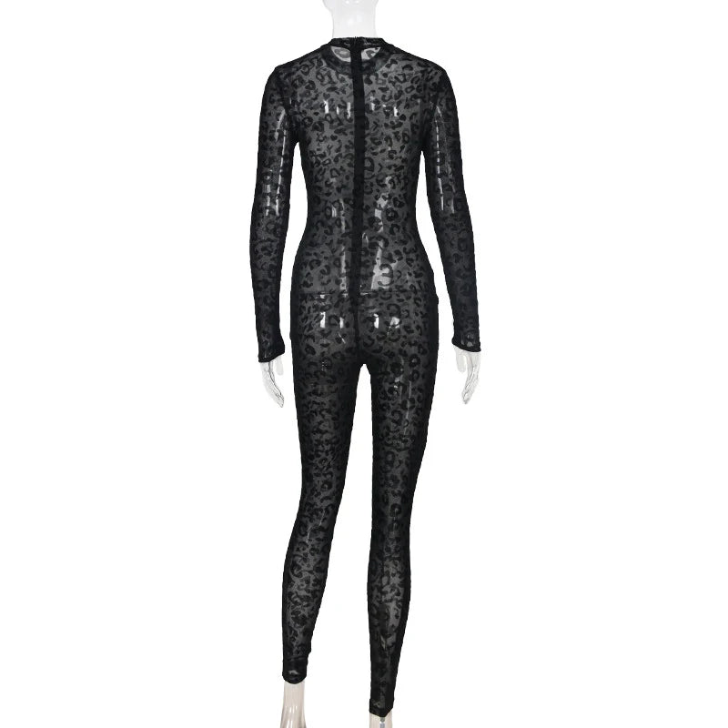 Women's jumpsuit sexy midnight club animal instinct mesh tight stockings leopard print transparent velvet long sleeved jumpsuit