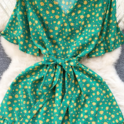 French Chic Dress Beach Style Floral Print Dresses Female V-Neck New Summer Ruffles A-Line Vestidos Women Clothes