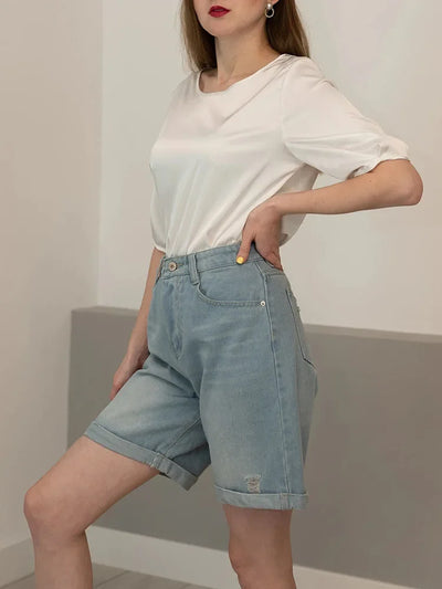 Women Denim Shorts Ripped Wide Leg Black High Waist Short Jeans Straight Leg Blue Denim Shorts For Women Summer Jean Shorts