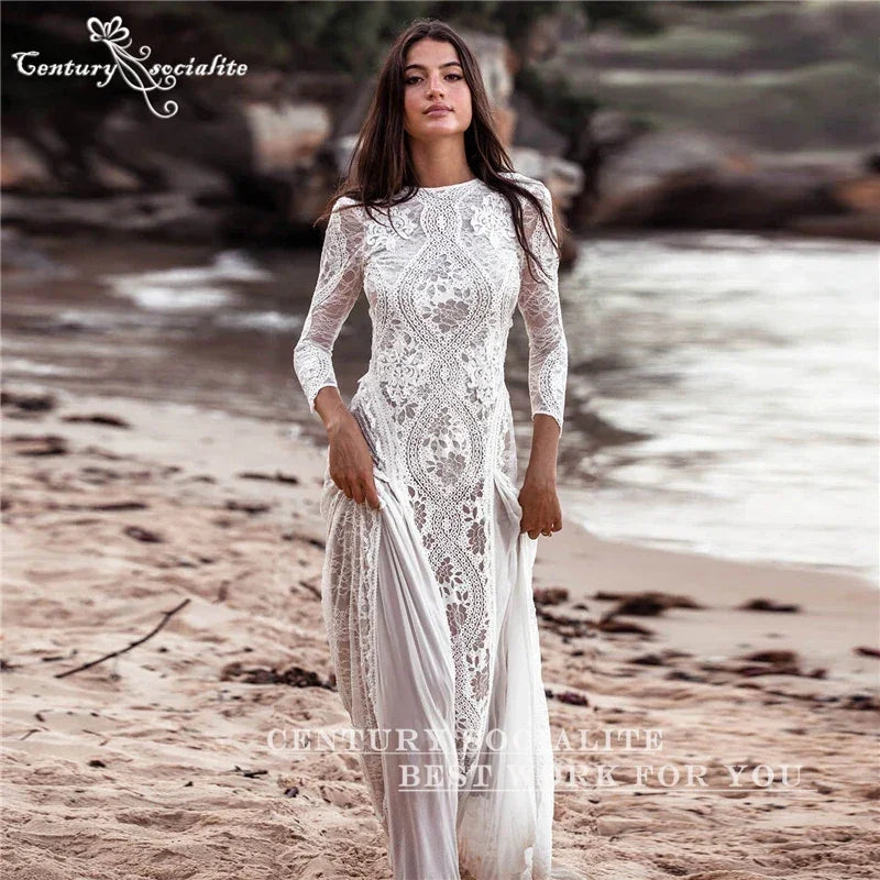 Boho Wedding Dresses 2025 Long Sleeve Backless Lace Appliques Chiffon Sheath Bohemian Bridal Gowns Beach Bride Dress Customized