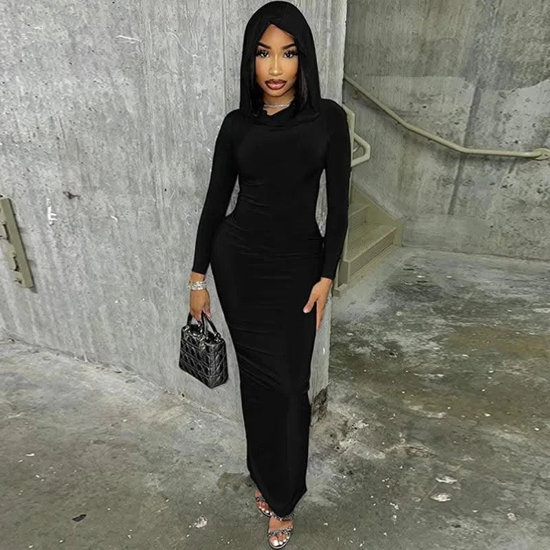 Hooded Long Dress For Women Y2k Clothes Sexy Streetwear Long Sleeve Bodycon Vestidos De Mujer Solid Robe Femme Été Back Split