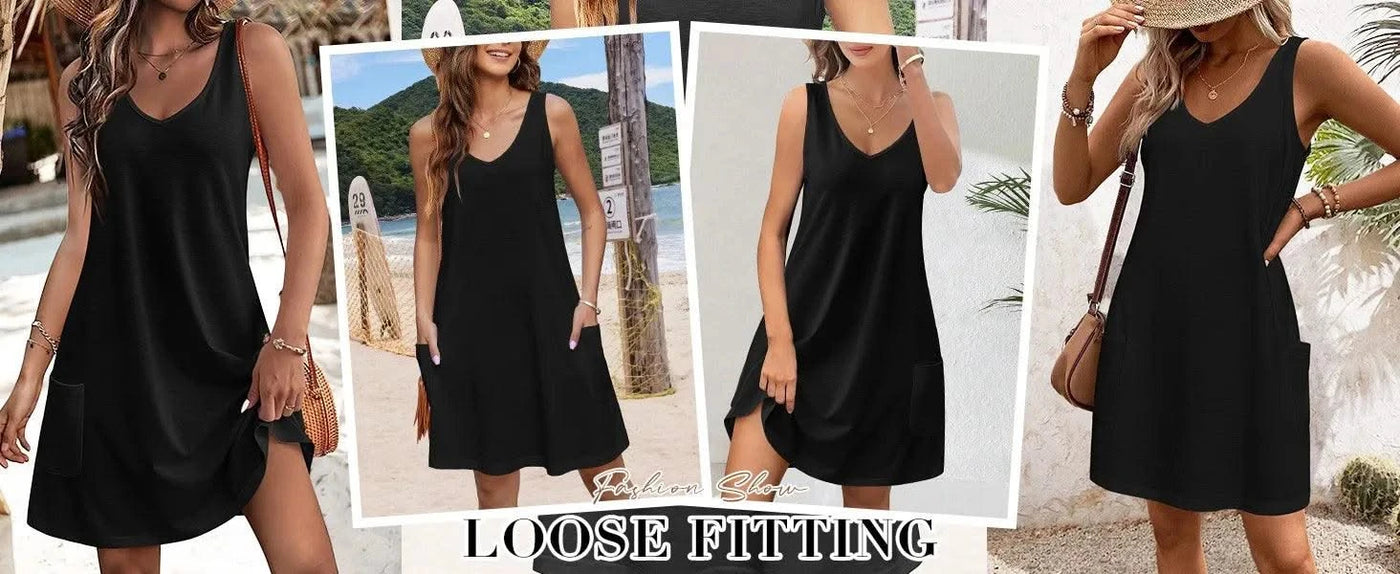 Womens Summer Dresses Plain Loose V Neck Sleeveless Sundresses Swimsuit Coverup With Pockets Vestidos Para Mujer платье женское