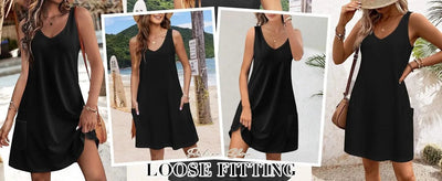 Womens Summer Dresses Plain Loose V Neck Sleeveless Sundresses Swimsuit Coverup With Pockets Vestidos Para Mujer платье женское
