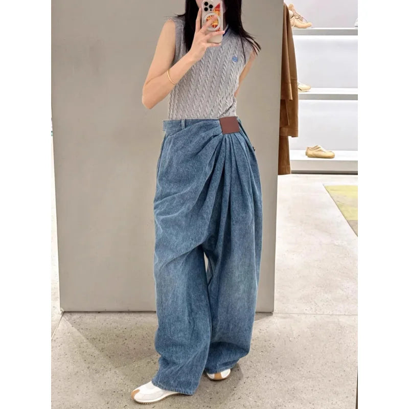American Wide Leg Denim Pants For Women In Spring And Autumn Fashionable Pleated Design Loose Floor Length Pants