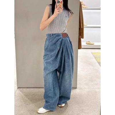 American Wide Leg Denim Pants For Women In Spring And Autumn Fashionable Pleated Design Loose Floor Length Pants