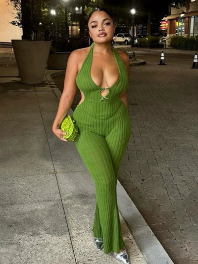 Joskaa Knitted Halter Backless Jumpsuit Women Sexy Deep V-Neck Bow Sleeveless Skinny Overalls 2025 Fitness Sportswear Clubwear