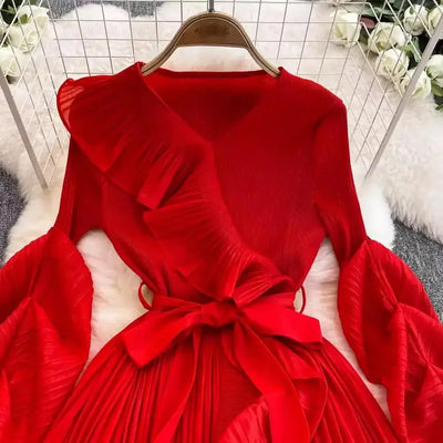 Women's V Neck Ruffles Splice Lantern Sleeve High Stretch Oversized Dresses Miyake Maxi Pleated 2025 Spring Long Party Clothing