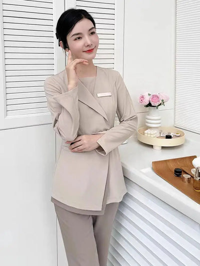 Women's Khaki SPA Uniform Set 2025 Spring/Autumn New Style Beauty Salon Front Desk Workwear Top And Pants Company Wholesale
