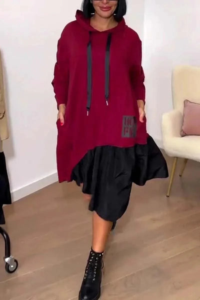 New Hooded Sweatshirt Dress For Women 2025 Spring Long-sleeved Printed Patchwork Dress Casual Loose Lace Up Long Dress Black