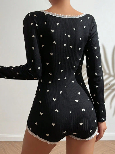 Women's Pajamas One-piece Long Sleeve Love Printed Loungewear Spring Summer Casual V-neck Sexy Slimming Night Wear for Ladies