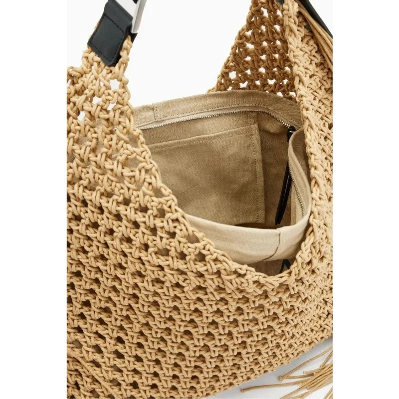 Designer Luxury Tote Bag Women 2025 New Large Capacity Bohemian Style Beach Bag Handmade Woven Hollow Out Tassel Shoulder Bag