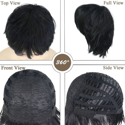 Short Black Wigs for Women Synthetic Hair Cosplay Wig with Bangs Shag Curly Hairstyles Anime Costume Party Halloween Wig Natural