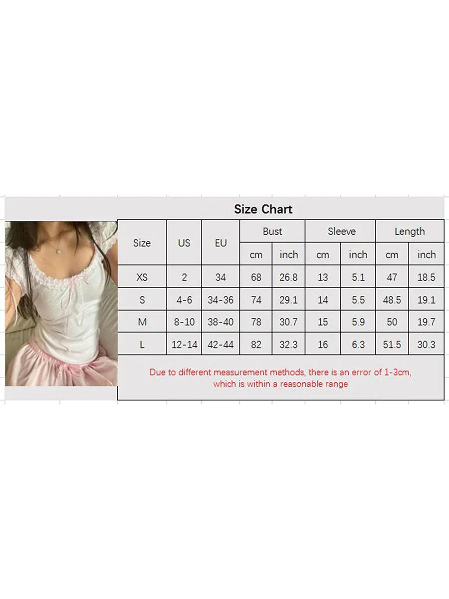Lace Trim T-Shirts For Women Short Sleeve Crop Tops with Bow Sweet Kawaii Y2k Clothes Streetwear