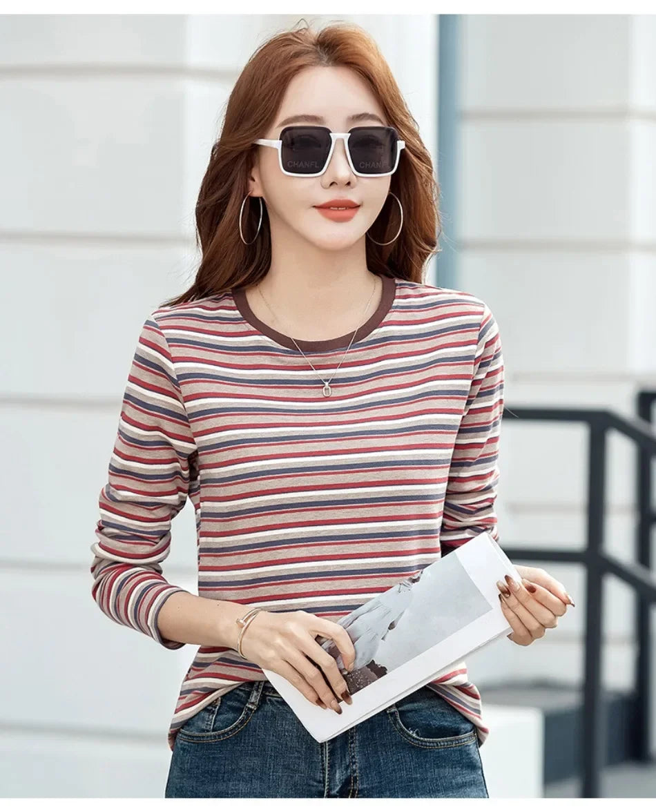 2024 New Women Clothing Crew Neck Striped Bottom Shirt Spring and Autumn Long Sleeve Tops T-Shirt Loose Interior Casual Top