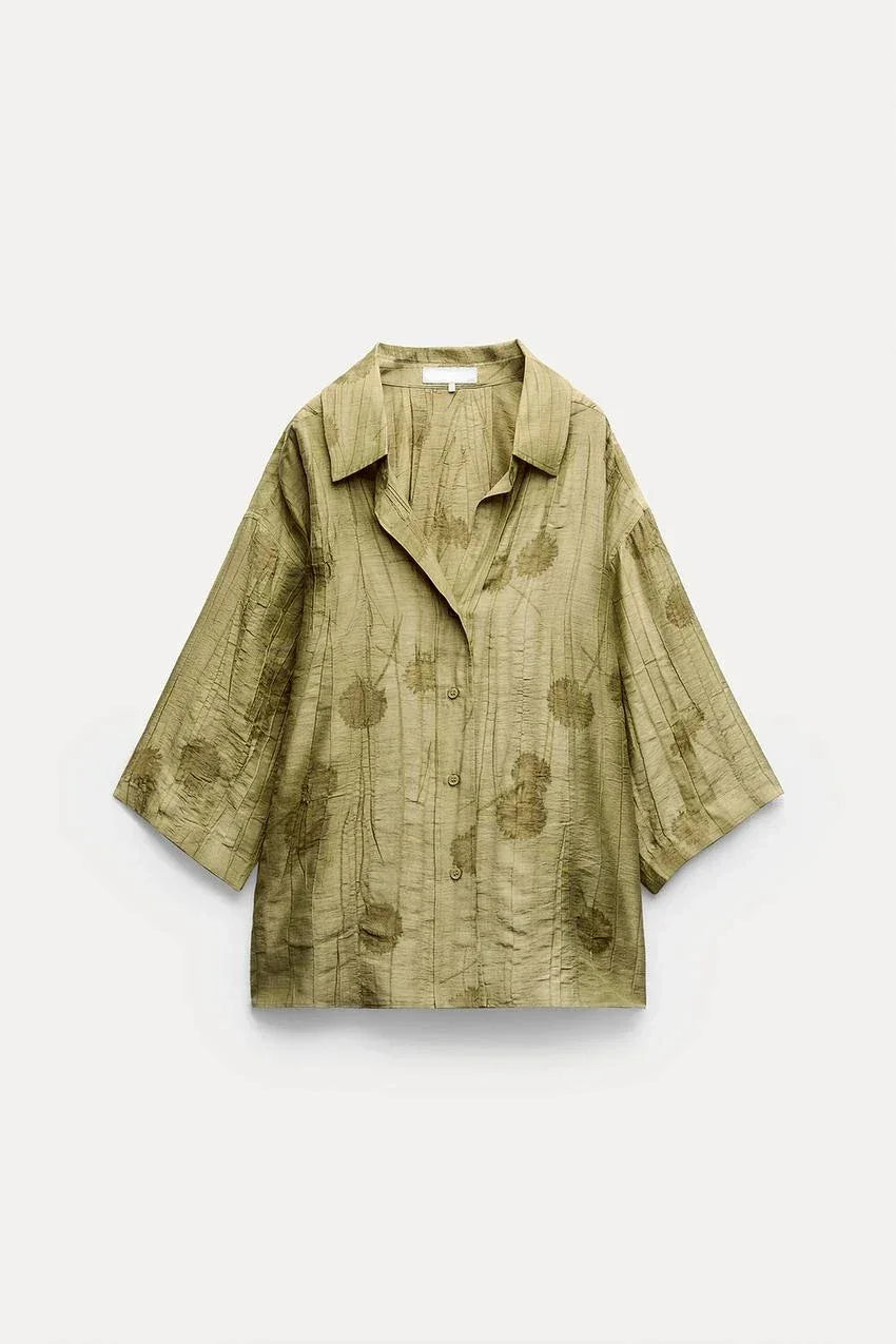 Women's Jacquard Oversized Shirt Trousers Short Sleeves Suit Lapel Shirt High Waist Elastic Straight Leg Pants Chic Female Set