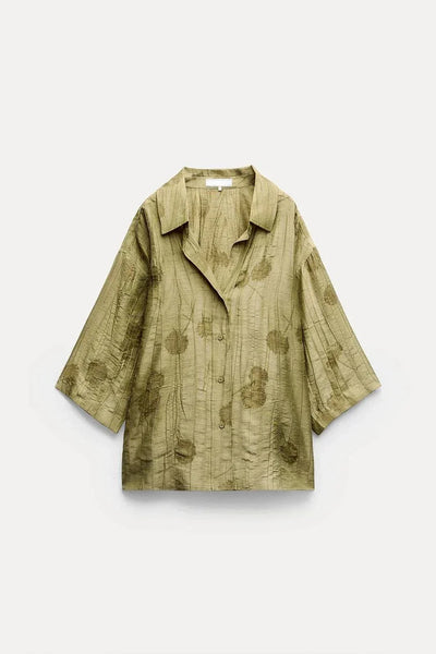 Women's Jacquard Oversized Shirt Trousers Short Sleeves Suit Lapel Shirt High Waist Elastic Straight Leg Pants Chic Female Set