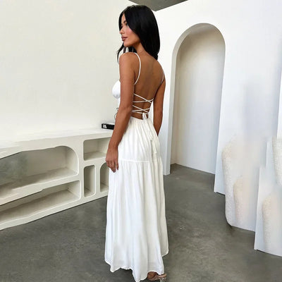 BOOFEENAA Halter Backless Maxi Long Dress Sexy Vacation Outfits White Black Summer Dresses for Women Clothes 2024 C66-CH28