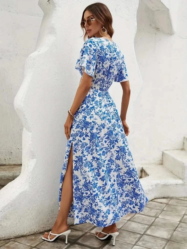 Summer Women Floral Print Dress Casual Short Sleeve Button Holiday Midi Dresses Female V-Neck Beach Boho Chic Dress Elegant Robe