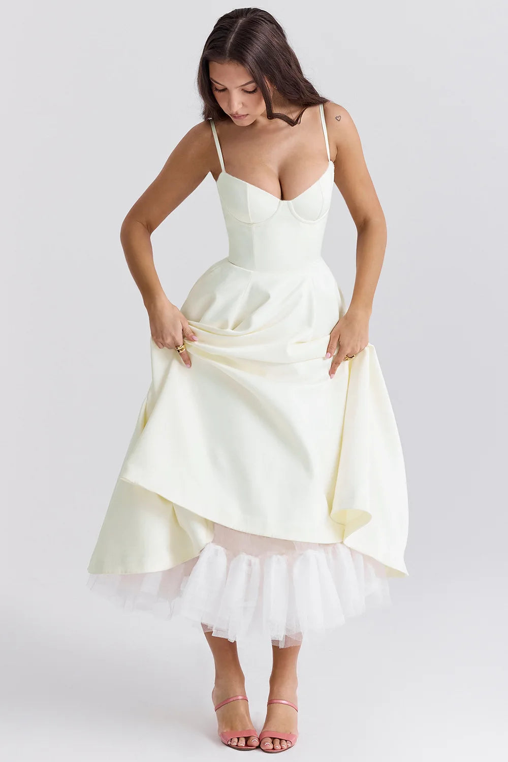 Summer haute couture Princess dress French mesh big swing double strap dress woman