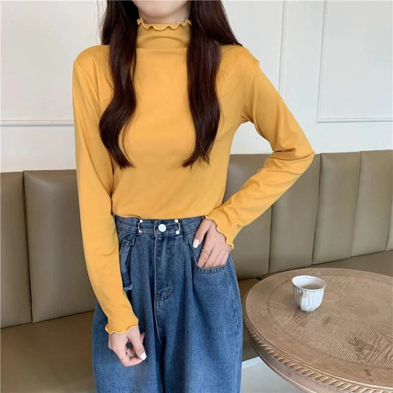 Skinny High Elastic Mock Neck Pullover Long Sleeve T-shirts For Women