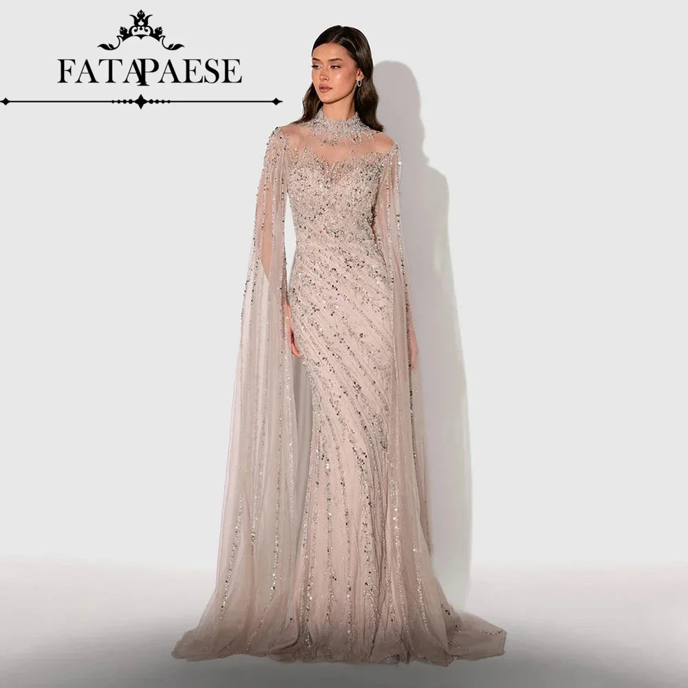 FATAPAESE Luxury Evening Dress 2025 Sheath Beading Sequined High neck Full Sleeve Zipper Sweep Prom Dress Shiny Formal Gowns