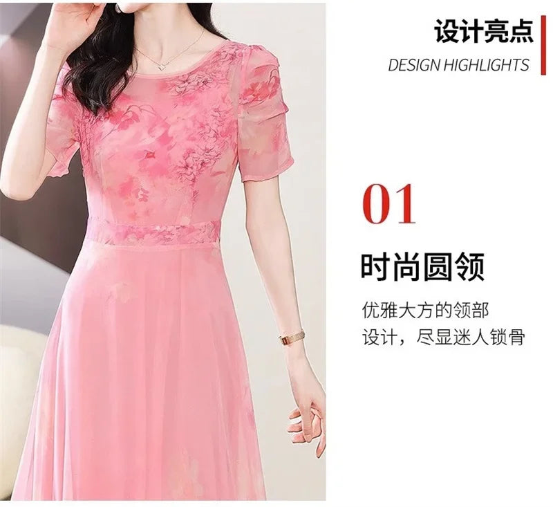 Women's Summer Dress 2025 New Fashion Printed Pink Chiffon Dress O-neck Short Sleeved Long Party Dresses Elegant Women Vestidos